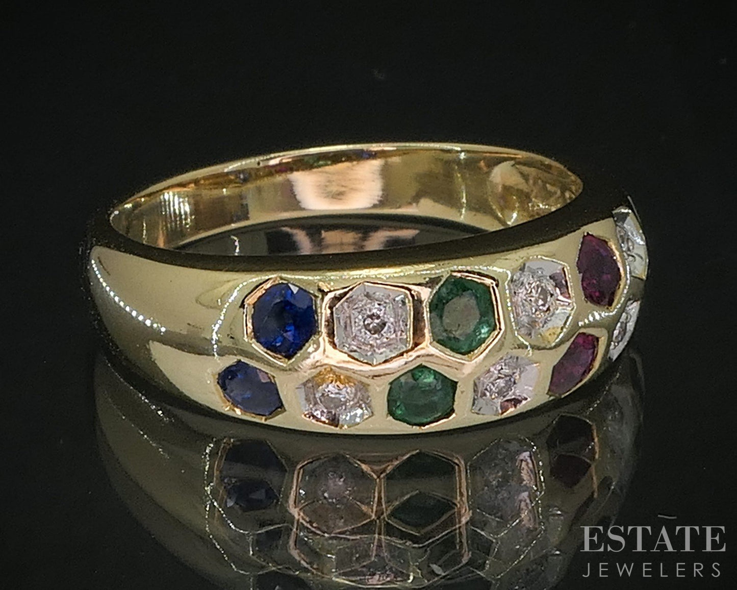 18k Yellow Gold Natural Multi Gem & Diamond Honeycomb Band Ring 5g i20085