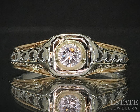 Antique 18k Two Tone Gold Natural .10ct Diamond Filigree Solitaire Ring i20082