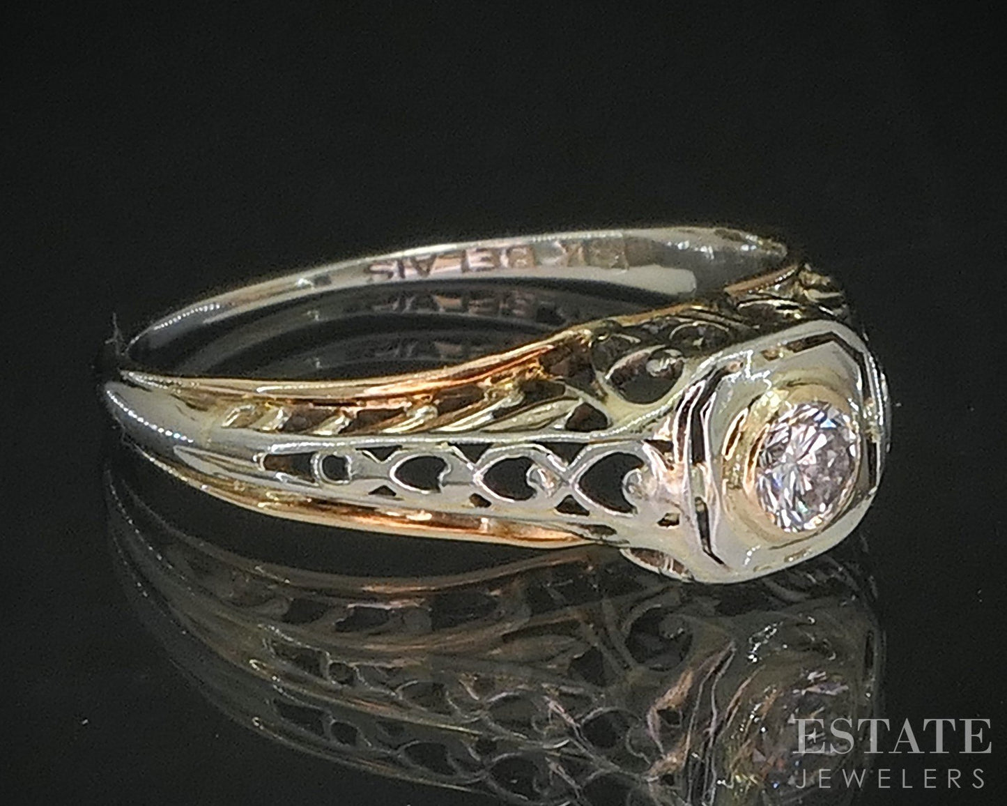 Antique 18k Two Tone Gold Natural .10ct Diamond Filigree Solitaire Ring i20082
