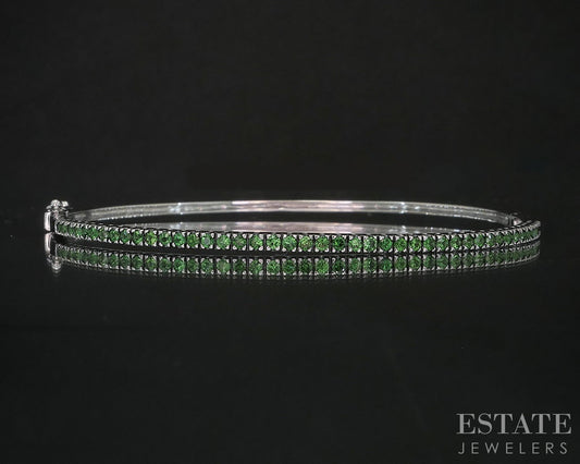 14k White Gold Round Natural Tsavorite Garnet Hinged Bangle Bracelet 6.3g i20081