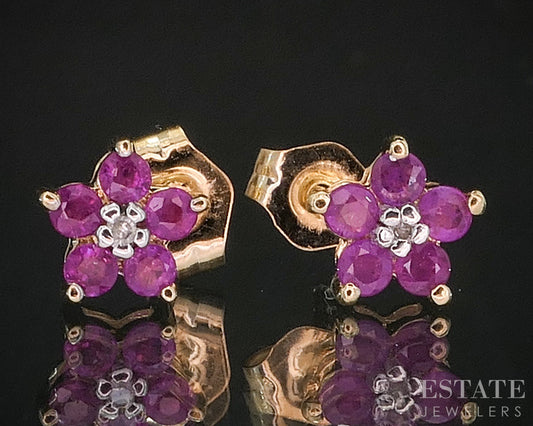 14k Yellow Gold Natural Ruby & Diamond Cluster Stud Earrings 0.9g i20101b