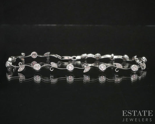 14k White Gold Natural Diamond Floral Vine Tennis Bracelet 5.4g 7.5"L i20097b