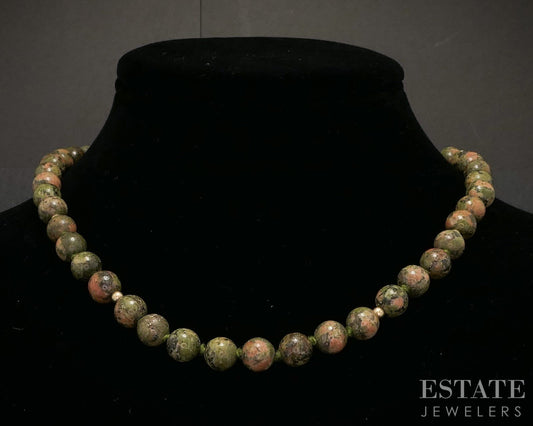 14k Yellow Gold 8mm Natural Unakite Beaded Necklace 36.3g 17"L i20094b