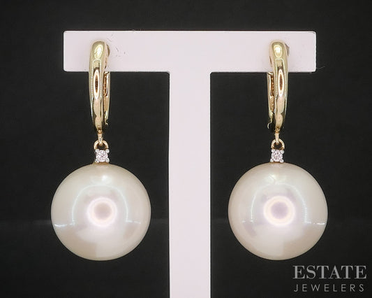 14k Yellow Gold 12mm Cultured Pearl & Diamond Hoop Dangle Earrings 6.5g i20130b