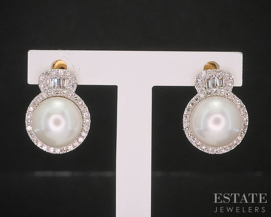 14k Yellow Gold 7mm Cultured Pearl & Diamond Halo Drop Earrings 2.9g i20122b