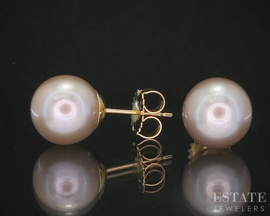 14k Yellow Gold 9.5mm Rose Colored Cultured Pearl Stud Ladies Earrings i20118b