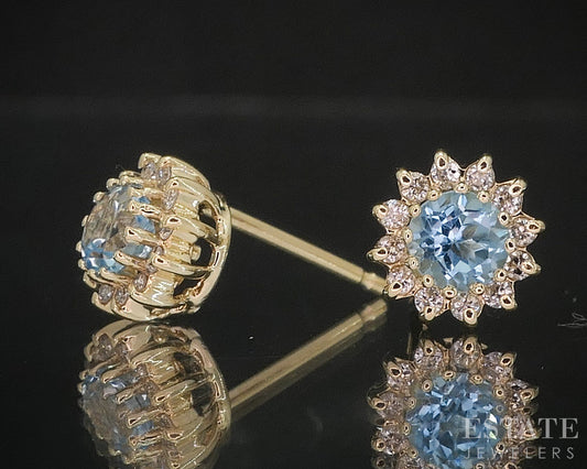 14k Yellow Gold Natural Blue Topaz & Diamond Halo Stud Earrings 1.4g i20129b