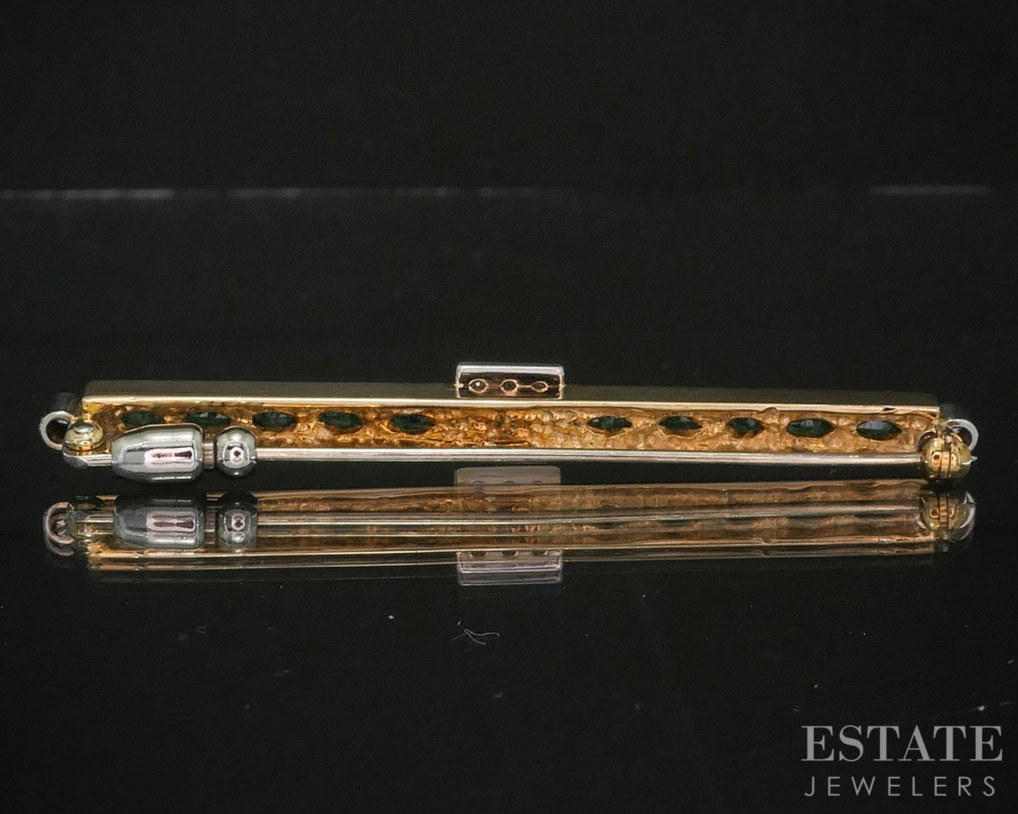 14k Yellow & White Gold Natural Emerald & Diamond Bar Pin Brooch 9.7g i20160