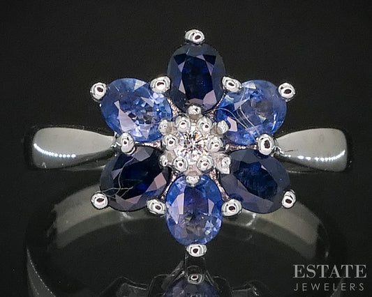 14k White Gold Natural Blue Sapphire & Diamond Flower Ladies Ring 3.7g i20159