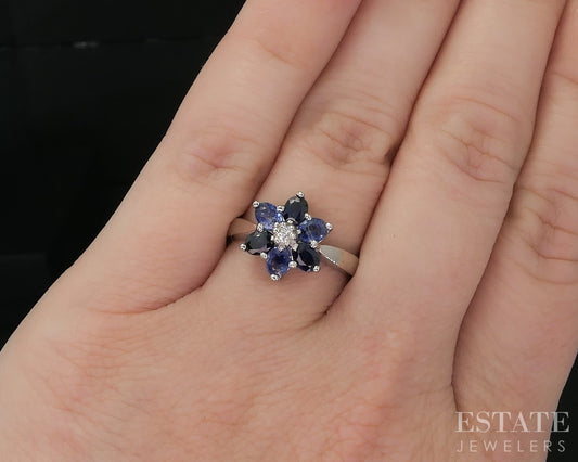 14k White Gold Natural Blue Sapphire & Diamond Flower Ladies Ring 3.7g i20159