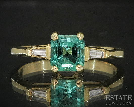 18k Yellow Gold Round Natural Emerald & Diamond Three Stone Ring 2.8g i20158