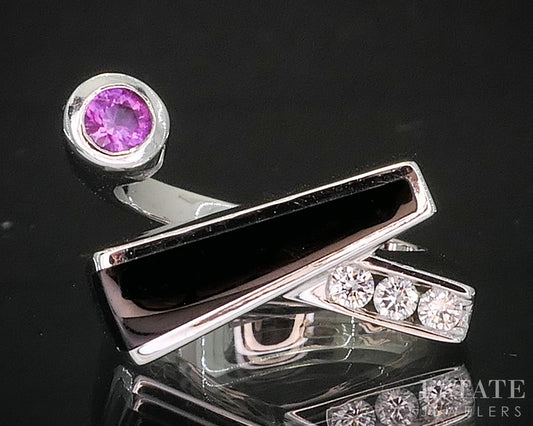 14k White Gold Natural Black Onyx Pink Sapphire & Diamond Ring 9.2g i20157