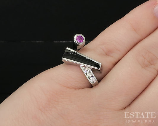14k White Gold Natural Black Onyx Pink Sapphire & Diamond Ring 9.2g i20157