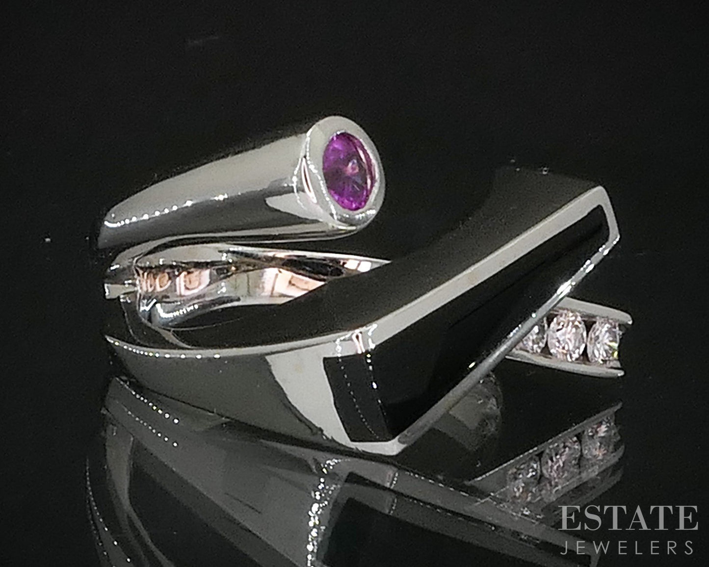 14k White Gold Natural Black Onyx Pink Sapphire & Diamond Ring 9.2g i20157