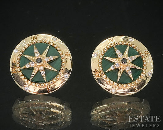 14k Yellow Gold EFFY Natural Malachite & Diamond North Star Earrings 5.6g i20155