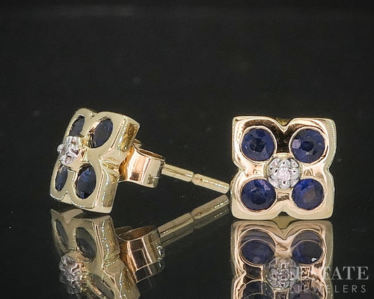 14k Yellow Gold Natural Blue Sapphire & Diamond Flower Stud Earrings 1.7g i20150