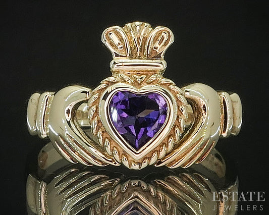 14k Yellow Gold Natural Amethyst Irish Claddagh Ladies Ring 3.5g i20143