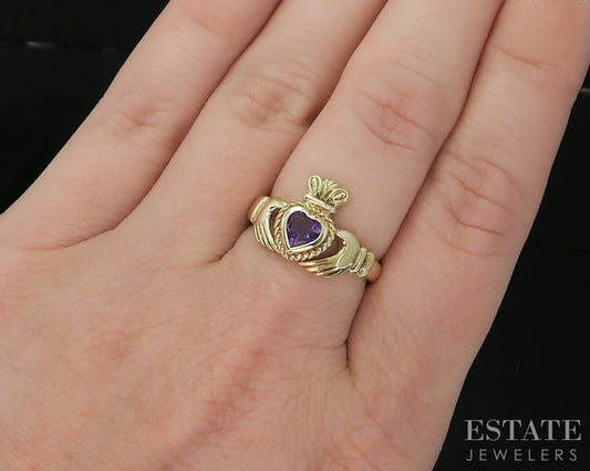 14k Yellow Gold Natural Amethyst Irish Claddagh Ladies Ring 3.5g i20143