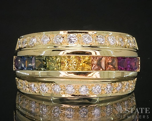 18k Yellow Gold Rainbow Sapphire & Diamond Ladies Band Ring 9.1g i20144