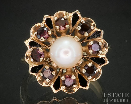 Vintage 10k Yellow Gold 5.5mm Akoya Pearl & Garnet Ladies Ring 5.1g i20188