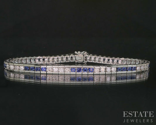 18k White Gold Natural Blue Sapphire & Diamond Tennis Bracelet 18g 6.75"L i20192