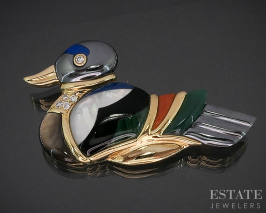 14k Yellow Gold Asch Grossbardt Multi Gem & Diamond Duck Pin Brooch 14g i20200