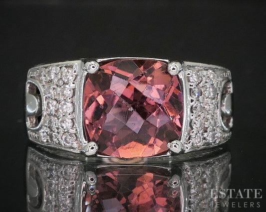 14k White Gold Cushion Natural Pink Tourmaline & Diamond Ladies Ring 8.1g i20199