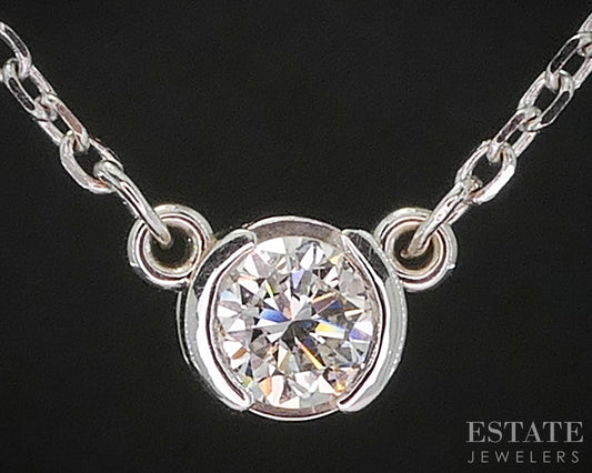 14k White Gold Round Natural .38ct Diamond Bezel Solitaire Necklace 3.3g i20202