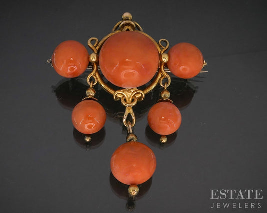Antique Victorian 18k Yellow Gold Natural Coral Beaded Pin Brooch 23.4g i20250