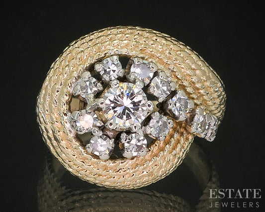 Vintage 14k Yellow Gold Natural .58ctw Diamond Spiral Swirl Rope Ring 7g i20227