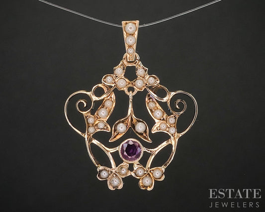 Antique Victorian 10k Yellow Gold Natural Ruby & Seed Pearl Pendant 2.0g i20221