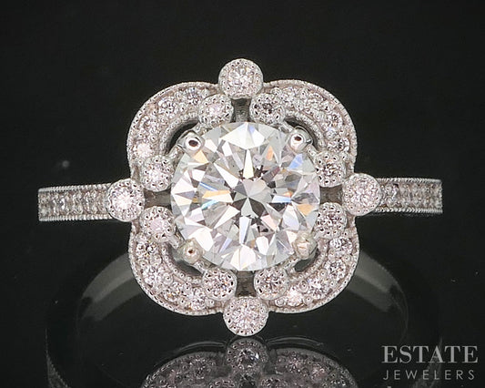 14k White Gold Round Natural 1.34ctw Diamond Halo Engagement Ring 4.5g i20214