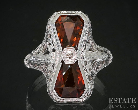 Vintage 18k White Gold Natural Citrine & Diamond Filigree Ring 2.6g i20217