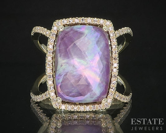 14k Yellow Gold Moonstone, Ruby, Abalone & Diamond Ladies Ring 5.8g i20242
