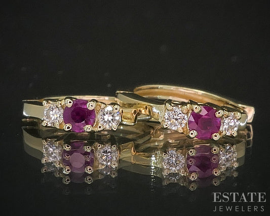 14k Yellow Gold Natural Ruby & Diamond Hoop Ladies Earrings 2.2g i20237