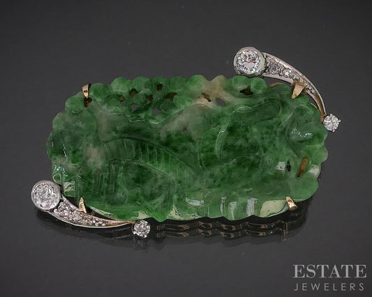 Antique Platinum & 14k Natural Green Jade & Diamond Pin Brooch 7.5g i20241