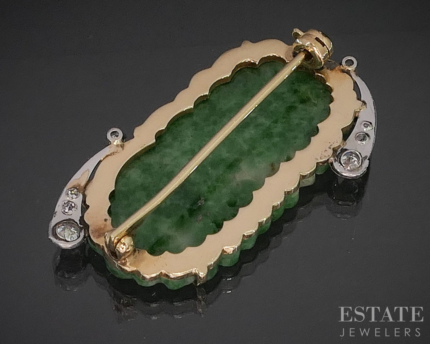 Antique Platinum & 14k Natural Green Jade & Diamond Pin Brooch 7.5g i20241
