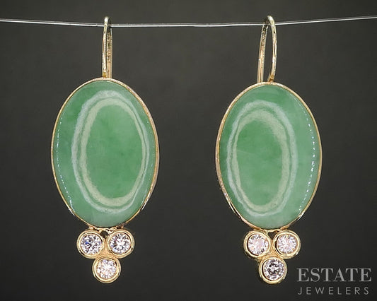 Antique 18k Yellow Gold Natural Green Jade & Diamond Dangle Earrings 5.9g i20258