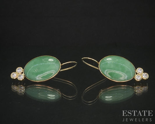 Antique 18k Yellow Gold Natural Green Jade & Diamond Dangle Earrings 5.9g i20258