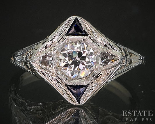 Antique Art Deco 14k Gold European .40ct Diamond Sapphire Engagement Ring i20257