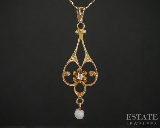 Antique Victorian 10k Yellow Gold Diamond & Pearl Lavalier Necklace 1.5g i20256