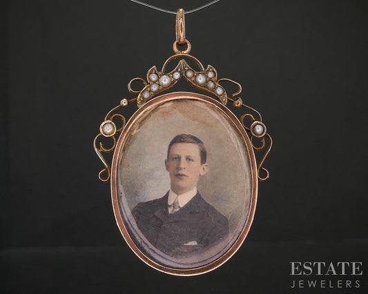 Antique Victorian 8k Rose Gold Photo Frame & Seed Pearl Pendant 7.3g i20255