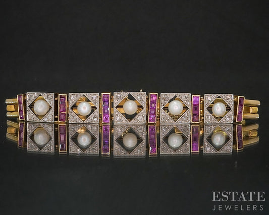 Vintage Platinum & 18k Yellow Gold Ruby Pearl & Diamond Bracelet 20.9g i20254
