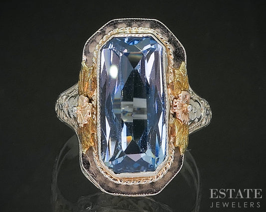 Antique Victorian 14k Tri Colored Gold Blue Topaz Filigree Ring 4.2g i20253