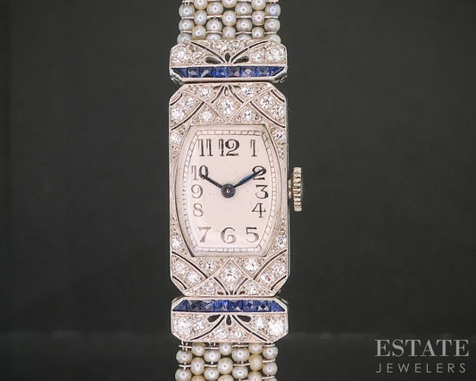 Antique Art Deco Platinum Natural Diamond & Sapphire Pearl Ladies Watch i20289