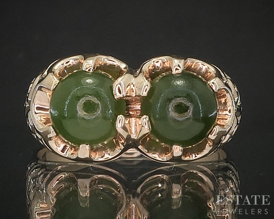 Antique Victorian 10k Yellow Gold Natural Green Jade Twin Ring 5.9g i20269