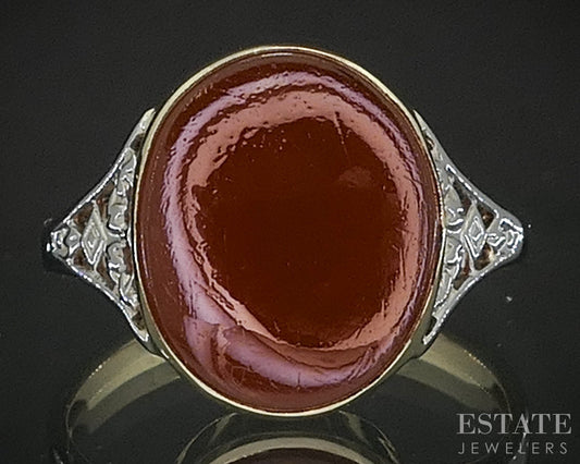 Antique 14k Yellow & White Gold Oval Natural Carnelian Filigree Ring 2.8g i20271