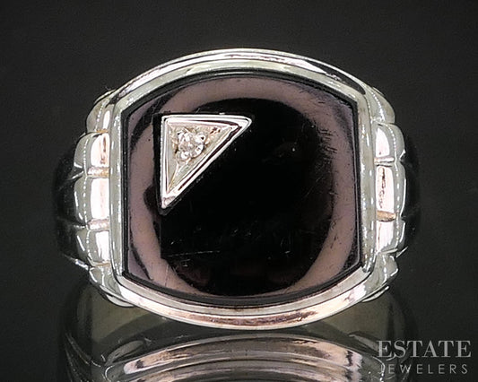 Vintage 10k White Gold Natural Black Onyx & Diamond Mens Ring 7.4g i20266