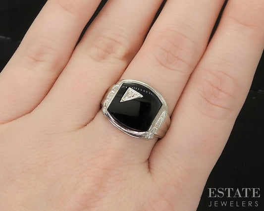 Vintage 10k White Gold Natural Black Onyx & Diamond Mens Ring 7.4g i20266