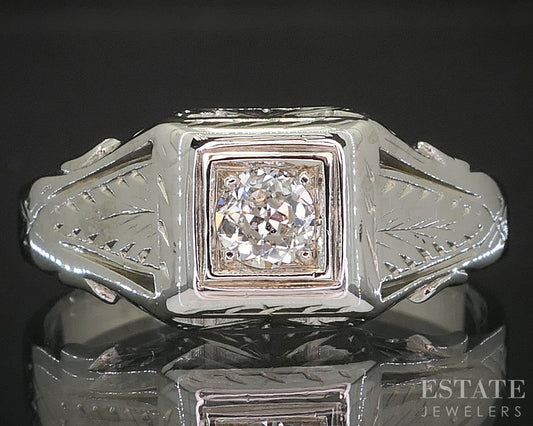 Antique 18k White Gold OEC Natural .20ct Diamond Mens Ring 4.5g i20277